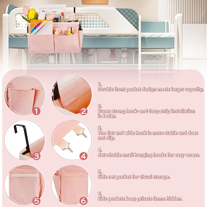 Bedside Caddy Organizer 5 Pockets 4 Hooks Bunk Bed 2Pack Pink | Hanging Storage Bag for Headboards