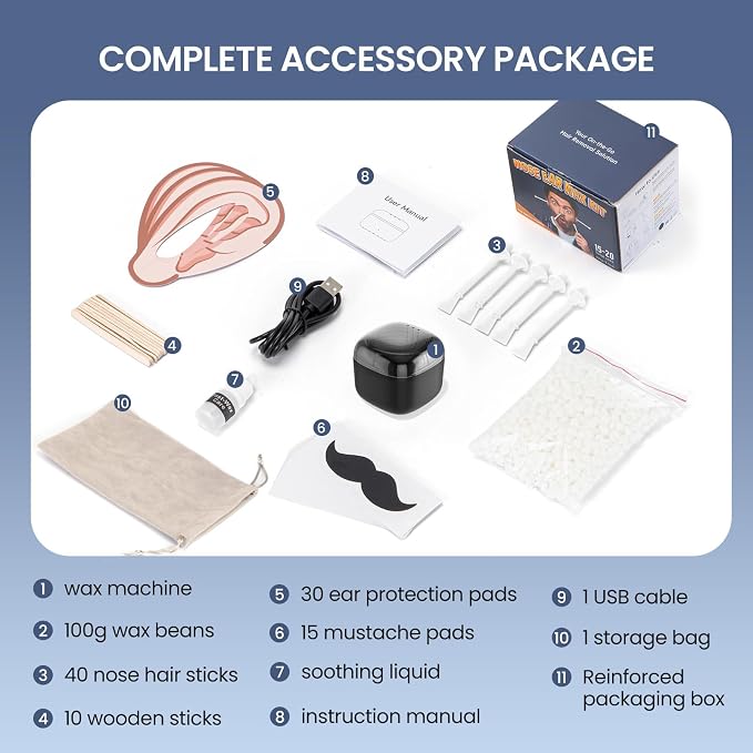 Nose Wax Kit Men, Nose Ear Hair Waxing Kit with 100g Wax, 40 Sticks, Nose Ear Hair Removal Kit, USB Fast Heat, Smart Constant Temp, Upgraded Size, Multi-Accessories, Black