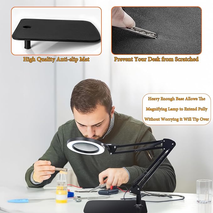 15X Magnifying Glass with Light – Real Glass Lens, 3 Color Modes & Adjustable Brightness – 2-in-1 Desk Lamp with Clamp & Heavy Base – Flexible Swing Arm – Ideal for Crafts, Reading, Repair, Seniors