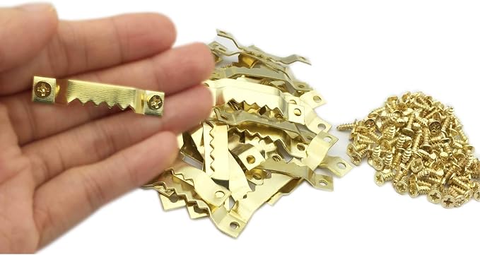 50 Pack Small Sawtooth Picture Hangers Steel Picture Hangers Picture Frames Hangers with Screws Picture Hang Solutions, for Hanging Clock Paintings Artwork Picture Frame Hook Photos(Gold)