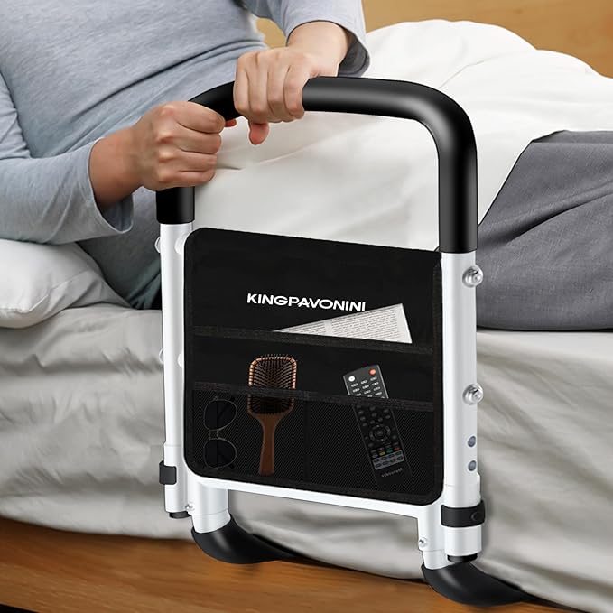 KingPavonini Bed Rails for Elderly Adults Safety - Adjustable Bed Cane with Non-Slip Ergonomic Handle and Storage Pocket, Bed Railings for Seniors Hold up to 350 Lbs, Tool-Free Installation