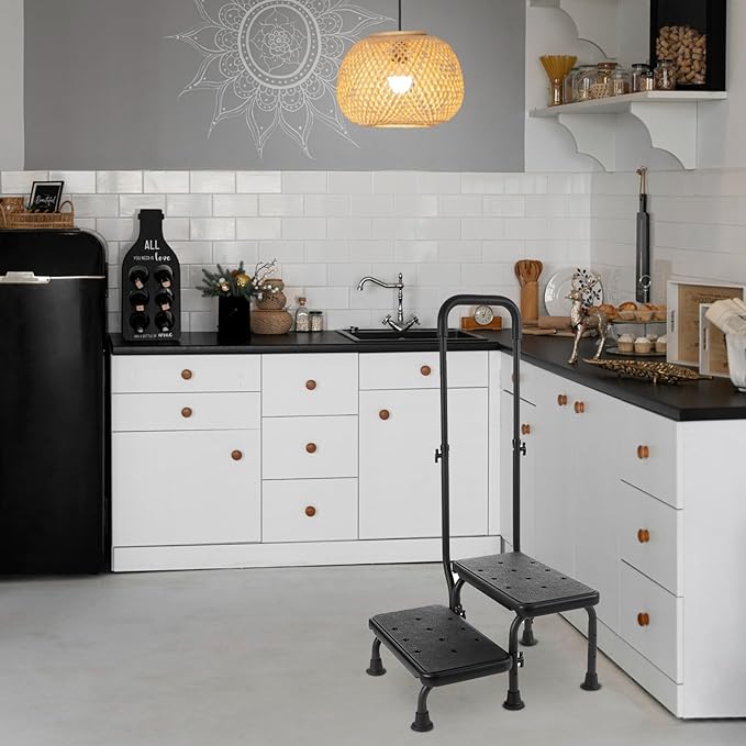 2 Step Stool with Handle for Elderly - Bed Steps for High Beds with Adjustable Handrail &Non-Slip Platform, Holds up to 450 lbs