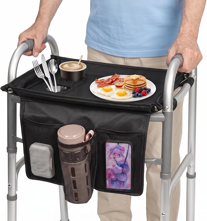 Walker Tray for Folding Walker with Baffles and Cup Holder,Trays for Walkers Detachable,Walker Trays for Rolling Folding Walker,Walker Accessories for Elderly