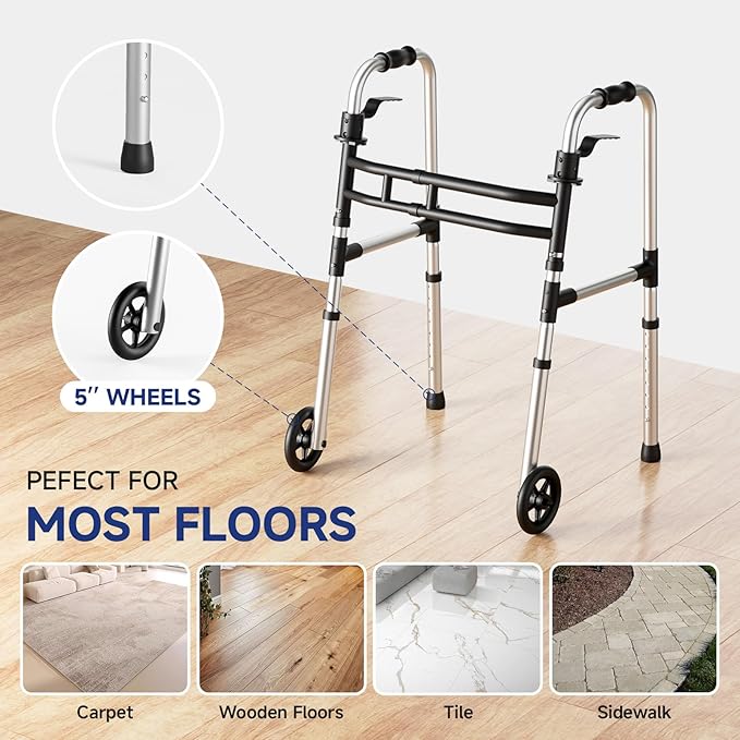 Walkers for Seniors Foldable, Aluminum Lightweight Walker with Wheels, Adjustable Height & Width Standard Walkers for Elderly & Disabled, 350 lbs Capacity, Silver