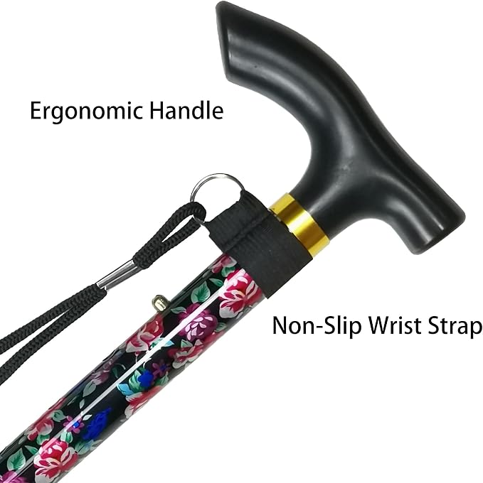 Folding Canes for Men and Women, Floral | 5-Level Adjustable Height, Lightweight Collapsible, Aluminum, Wrist Strap, T Handle, Walking Sticks for Seniors Adults