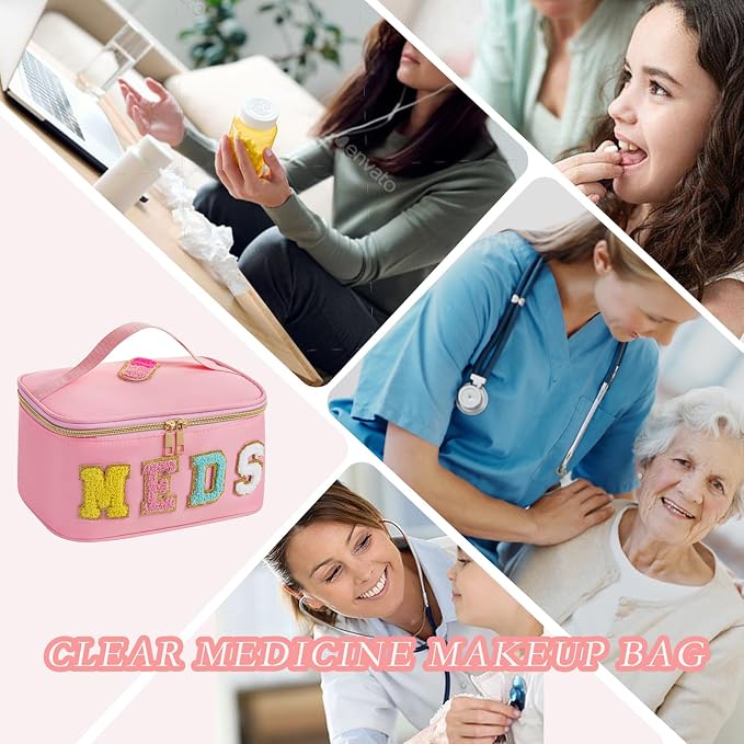 uekeboag Personalized Chenille Letter MEDS Makeup Bag, Portable Nylon Cosmetic Toiletry Storage bag with Top Handle, Transparent Meds Travel Organizer Cosmetic Bag(14Pink)
