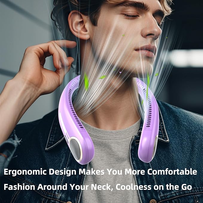 Portable Neck Fan, Personal Wearable Bladeless Fan, 6000mAh USB Rechargeable, 360° Airflow, LED Display, 4-Speeds, Hands Free Fan for Outdoor Indoor, Birthday Gifts for Men Women Dad Mom (Purple)