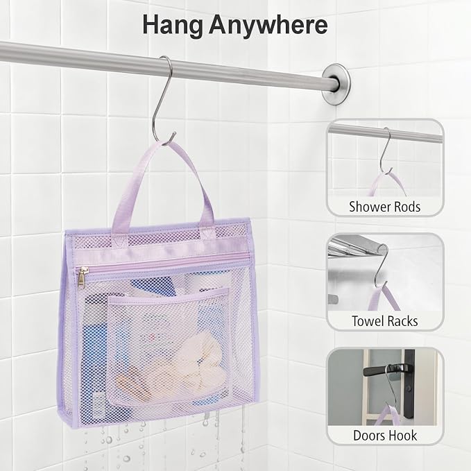 Small Mesh Shower Caddy Portable - Zipper Gym Shower Bag for Travel, Purple | 3 Pockets, Quick-Dry Mesh, S-Hook, Hanging Shower Caddy for Toiletry Essentials, Bathroom & Camping