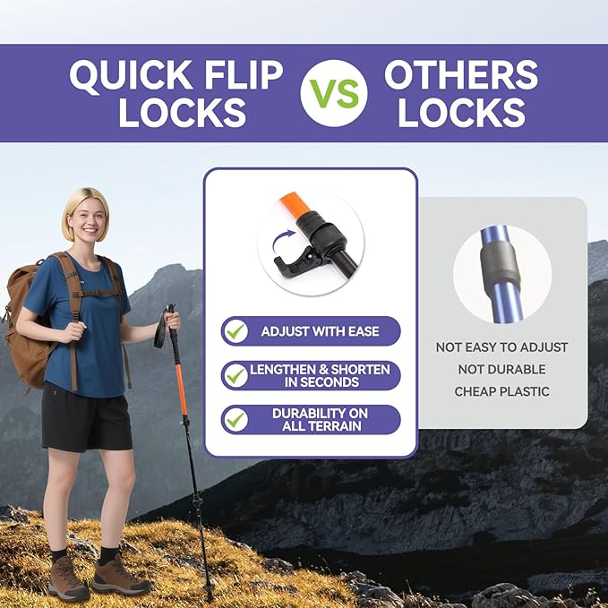 FAMJOAL Telescopic Travel Hiking Trekking Poles, Collapsible Walking Stick with Quick Lock System & Anti-Shock, Ultralight Adjustable Aluminum Hiking Poles with Portable Bag for Adults & Seniors