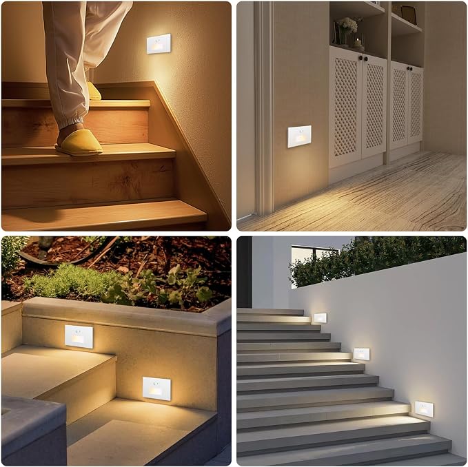 4 Pack 3CCT 120V Motion Sensor Step Lights with Dimmer Switch, White | Hardwired LED Stair Lights Indoor Outdoor, 5%-100% Dimmable, 3000K/4000K/6000K, 5W 500LM, IP65 Waterproof, Aluminum, ETL