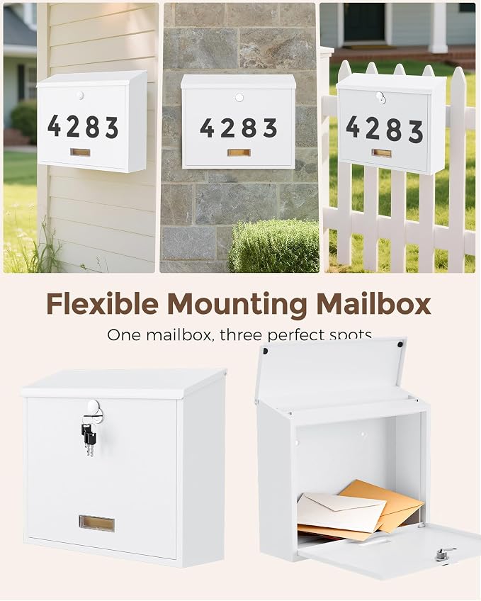 LAND·VOI Locking Wall-Mount Mailbox for Outside, with 4 Keys, Galvanized Steel Rustproof Metal Postbox, 4" Dx13.8 Wx11.2 H, Includes 3 Sets of Mailbox Numbers, Nameplate, White
