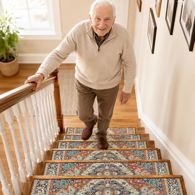 GIB Stair Treads for Wooden Steps Indoor, 15 Pack 8" X 30" Non Slip Carpet Stair Treads with Reusable Adhesive for Kids Elders and Dogs, Boho Vintage Oriental Stair Runner