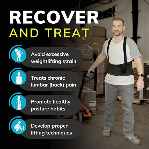 BraceAbility Work Back Brace - Industrial Lower Back Pain Protection Belt for Men and Women, Construction, Moving, Warehouse Jobs - Removable Suspender Shoulder Straps for Heavy Lifting Safety (L)
