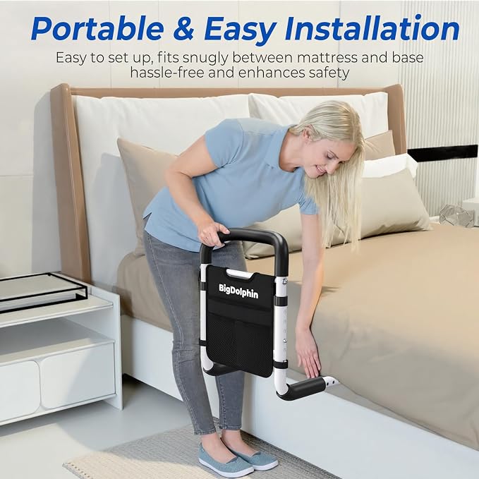 Bed Rails for Elderly Adults - ASTM Approved Adjustable Bed Cane with Non-Slip Ergonomic Handle & Storage Pocket, Bed Railings for Seniors Hold up to 350 LBS, Tool-Free