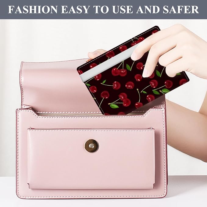 Passport Holder for Travel Essentials, RFID Premium Leather Passport Wallet Cover Case, Unisex Adult, Cherry, Fruits Pattern, Waterproof, Faux Leather