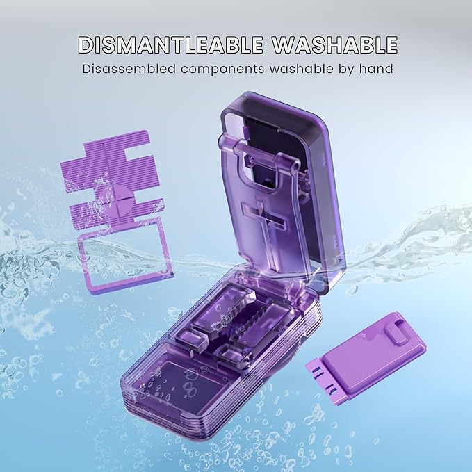 Pack of 2 Pill Cutter - 1/4 & 1/2 Pill Splitter for Small Tiny Large Pills Professional | Hidden Blade & Sealed Storage | Adjustable & Cuts Multiple Tablets | Includes Cleaning Brush (Purple)