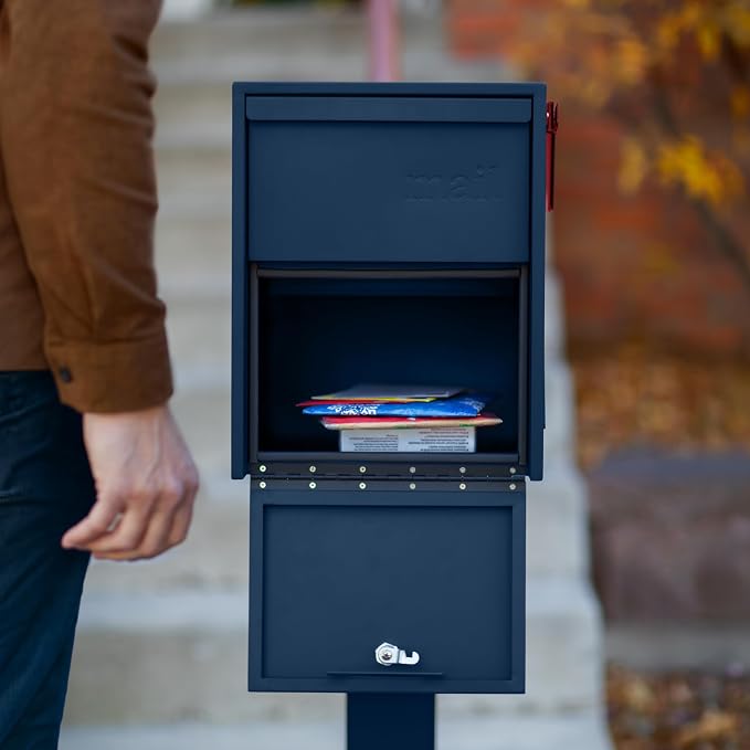 Adoorn Lockable Post Mount Mailboxes for Outside - Large Anti-Theft Locking Mailbox for Packages and Letters - Weatherproof Construction - Durable Steel - 15.5" H x 12" W x 18.5" D - Navy