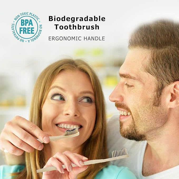 Virgin Forest Bamboo Toothbrush, Biodegradable Soft Bristles Toothbrushes, Wooden Toothbrush with Wave-Shaped Two-Color Bristles and Larger Thicker Handle (6 Pcs)