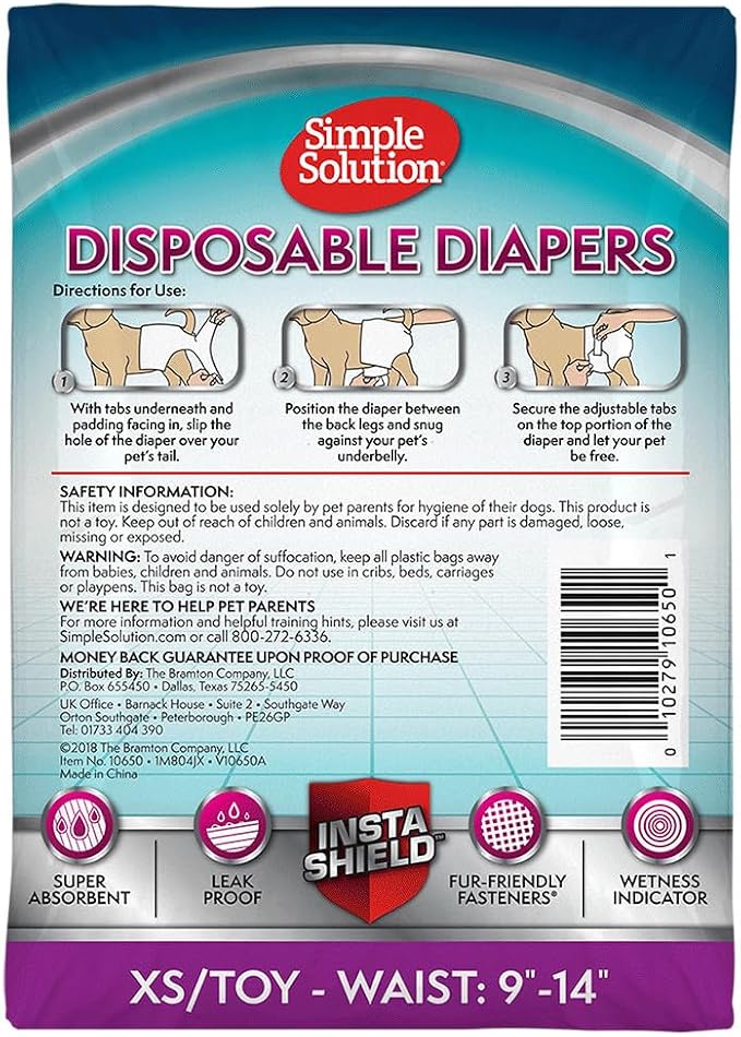 Simple Solution Female Dog Diapers, Disposable Dog Diapers, XS/Toy, 12 Ct | Dog in Heat, Potty Training, Incontinence Support, Leak Proof, Puppy Training, Disposable Protection, Secure Fit, 9-14 Inch
