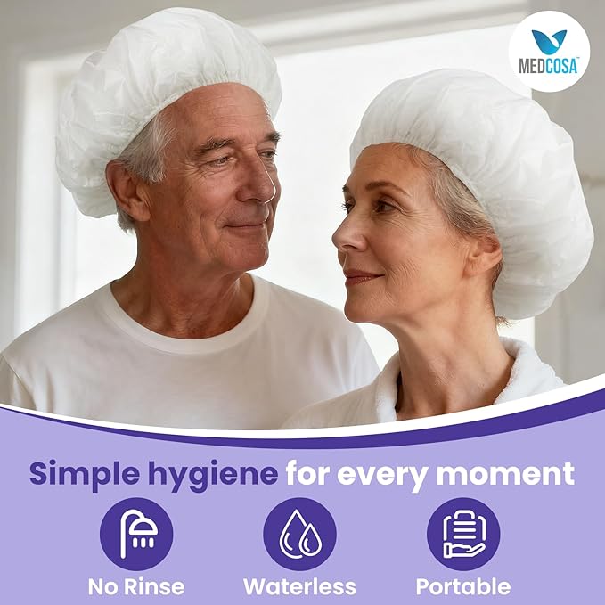 Medcosa Shampoo Caps No Rinse - Shampoo Caps for Bedridden Patients - Hassle-Free Hair Washing Cap for Elderly - Aloe, Vitamin E, Chamomile - 5-Pack