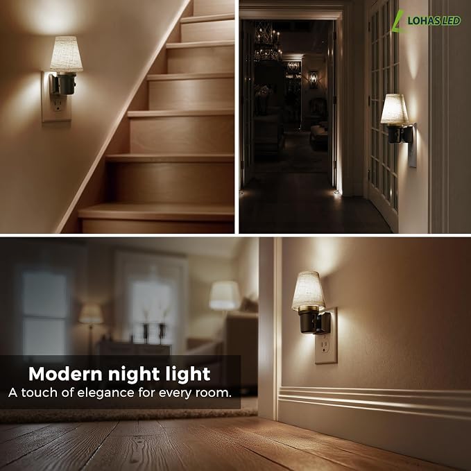 L LOHAS LED Night Lights Plug into Wall, Linen Fabric Night Light | Dusk to Dawn Sensor Vintage Nightlight, 5000K Daylight 0-100LM Dimmable, for Bedroom Living Room Hallway