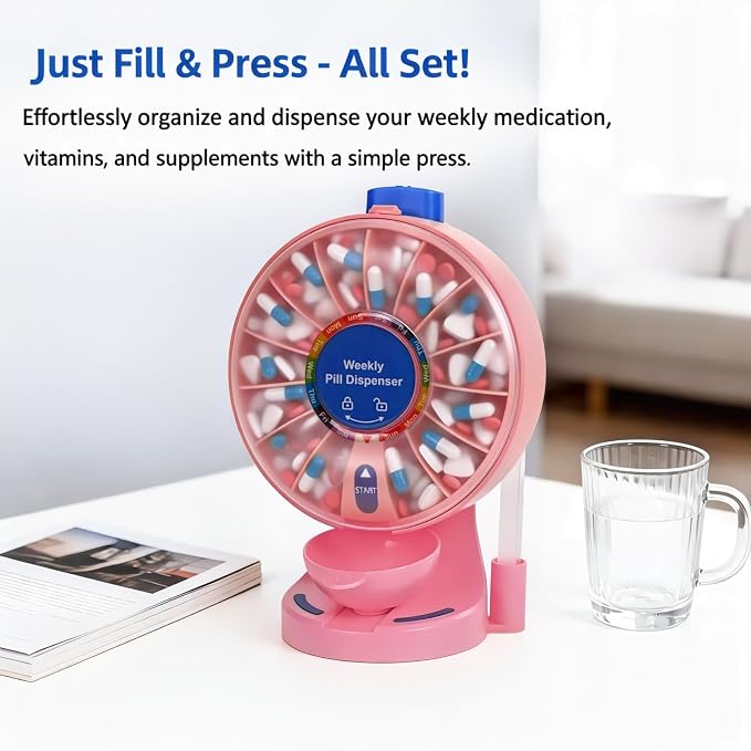 Pink Pill Organizer with No-Flip Design for Women to Take Daily Vitamins | One-Touch Button Pill Container with Med Cup & Tweezers for Medicine Hygienic, Free-Standing or Wall-Mounted for Medicine