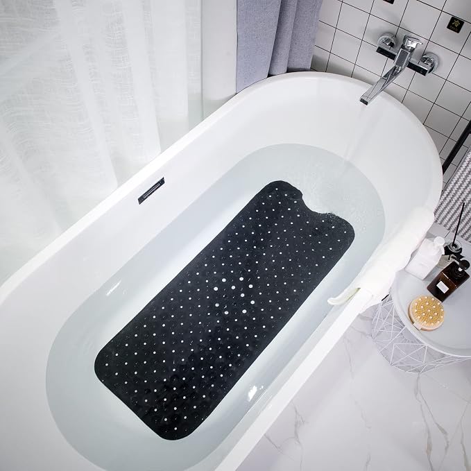 Bathtub and Shower Mats, Extra Long Non-Slip Bath Tub Mat 39 x 16 Inch, Machine Washable Bathmat with Suction Cups & Drain Holes for Bathroom Floor, Black