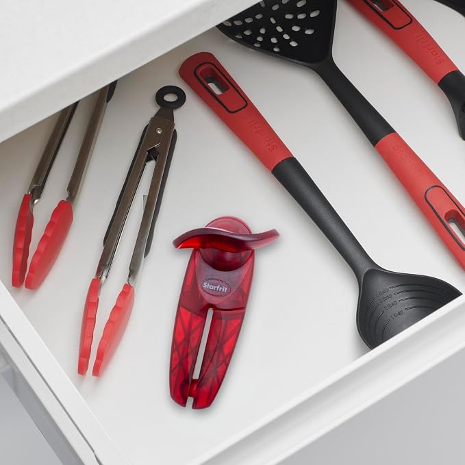 Starfrit Little Beaver Can Opener, Safe, Comfort Grip, Red | Safe can opener. Holds lid. No sharp edges. Comfort grip. 3-year warranty.