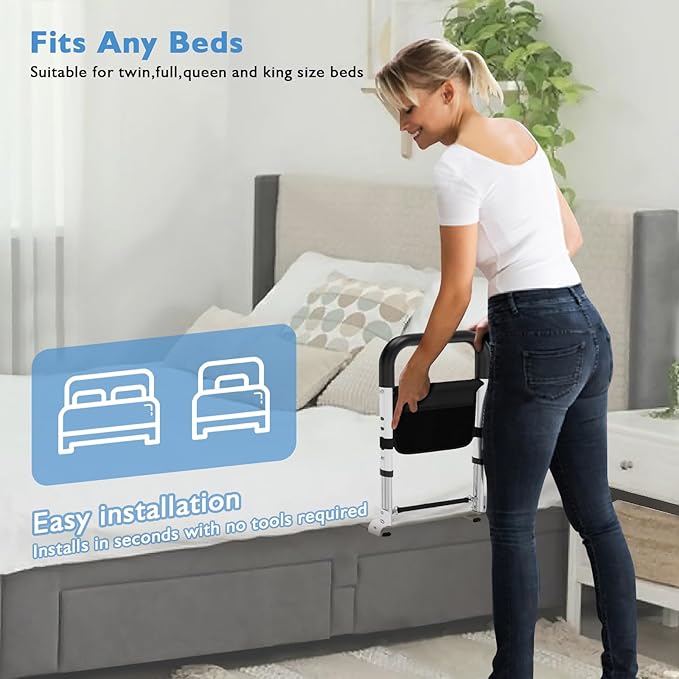 Bed Rails for Elderly Adults Safety, Surgery Patients Adjustable Bed Railings Support Assist Rail for Seniors, Fall Prevent Grab Bar with Storage Pocket, Bed Cane fit King Queen Full Twin Beds (Large)