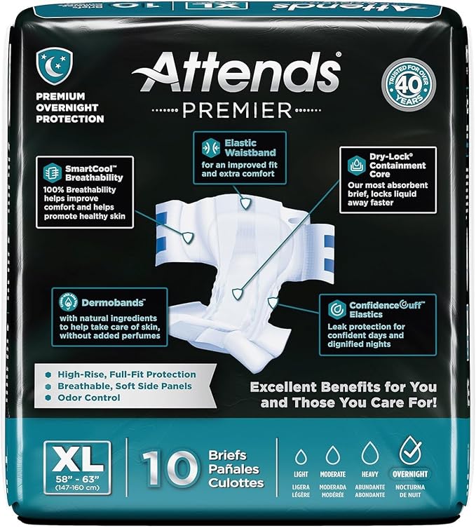 Attends Premier Adult Disposable SmartCool® Briefs, X-Large, 58-63" High-Rise Waist Tab Closure, Premium Overnight Dry-Lock Protection, Odor Control, 10ct Bag