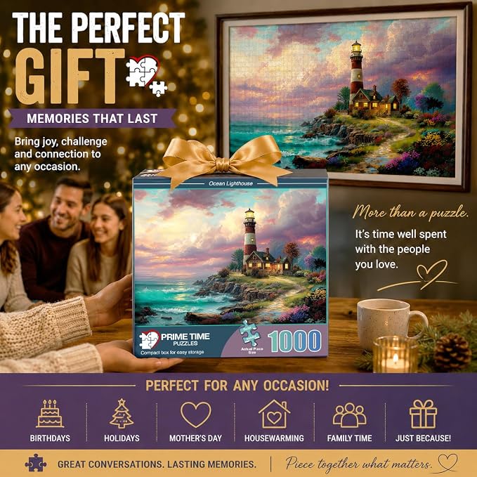 Adult Jigsaw Puzzle – Ocean Lighthouse 1000 Piece | Features a colorful beach sunset lighthouse scene. 20x27 inches — Great for game nights on a table, puzzleboard, or floor.