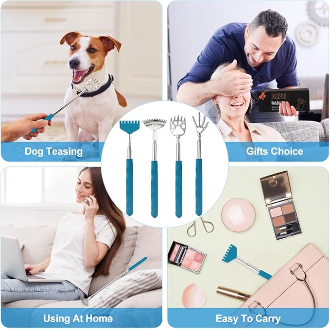 4 Pack Different Back Scratcher Metal Back Massager Set, Extendable Portable Telescoping with Beautiful Box, Gifts for Men Women Kids Adults Stocking Stuffers (Blue)