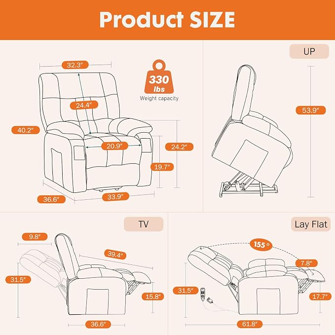 Sweetcrispy Power Lift Recliner Chair with Vibration Massage and Heat for Adults, Ergonomic Overstuffed Breathable Fabric Reclining Chair with Side Pockets, Remote Control, Living Room, Bedroom, Brown