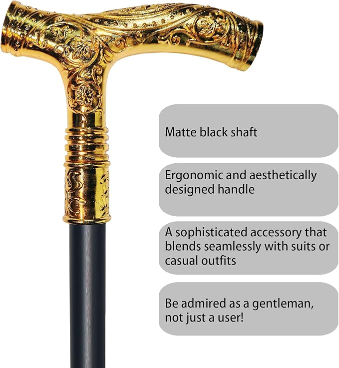 Walking Cane for Men & Women - 36.5 inch Heavy Duty 500+ lbs Capacity, Ergonomic Handle, Decorative & Ornate Fancy Design, Gothic & Goth Elegant Matte Black & Gold Artistry, Metal Cane