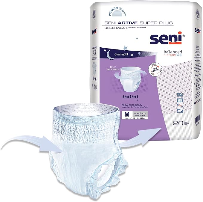 Seni Active Super Plus Unisex Adult Incontinence Underwear, Heavy Absorbency, Pull On Disposable Overnight Underwear for Men & Women (Medium, 80, Count)