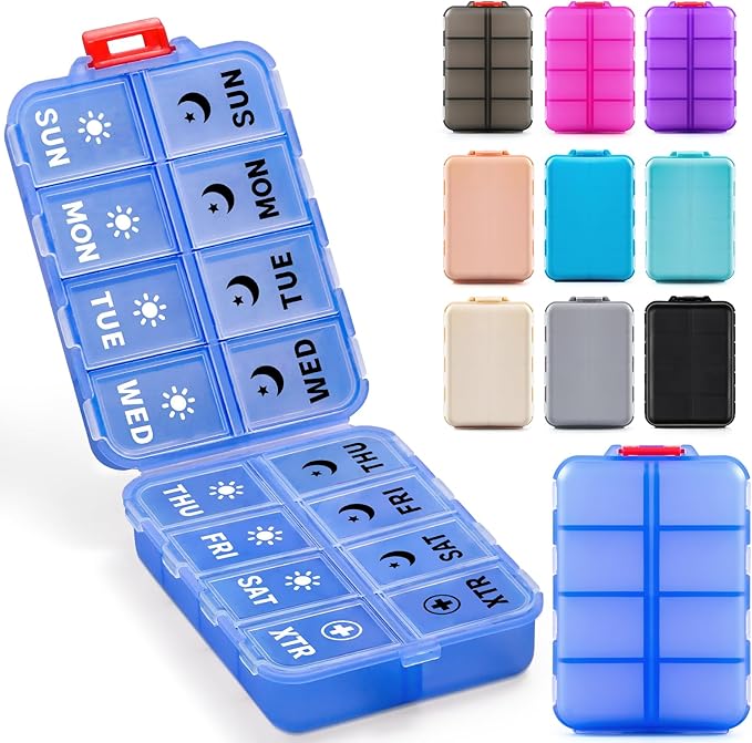 Foldable Weekly Pill Organizer 2 Times a Day with 2 Extra Compartments (Clear Printed Labels) - 7 Day AM PM Medicine Box, Week Daily Travel Pill Case Holder for Vitamin, Supplement - Clear Blue