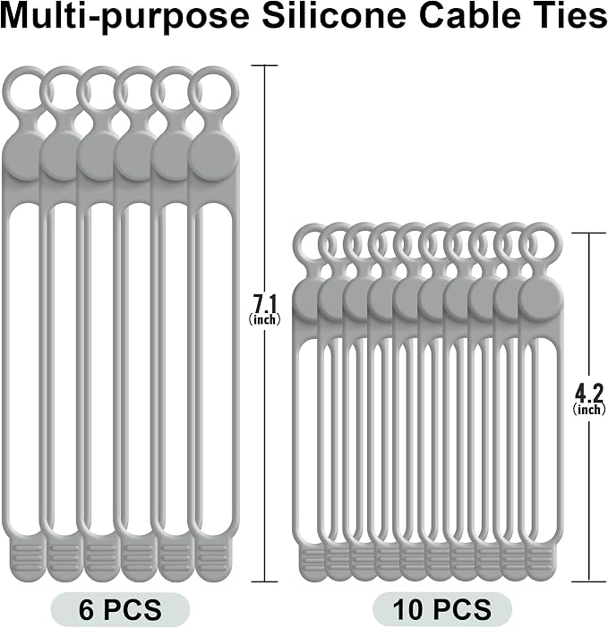 Silicone Cable Ties Cord Organizer for Cable Management, 16PCS 4.2" and 7.1" Reusable Cable Organizer Electronic Accessories for Home, Office, Kitchen, School, Travel (Grey)