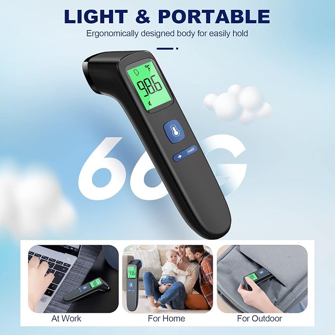 No-Touch Thermometer for Adults, Kids, Babies, 1-Sec Fast Accurate (Black) | Fever Alarm, Large LCD with 3-Color Backlight, Silent Mode, 35-Reading Memory, Forehead & Object Mode, for Home & Clinic