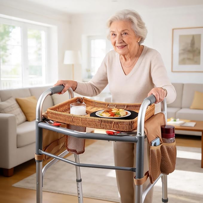 Handwoven Rattan Walker Tray for Folding Walker, Tray for Walker for Seniors Detachable with Cup Holder,Walker Accessories for Elderly,Tray Table Fits Most Standard Walkers (Brown)
