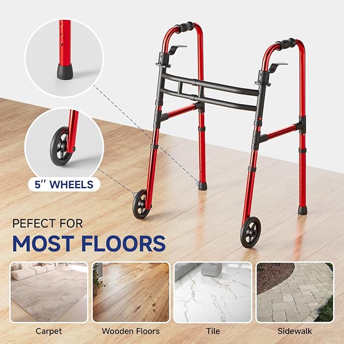 Walkers for Seniors Foldable, Aluminum Lightweight Walker with Wheels, Adjustable Height & Width Standard Walkers for Elderly & Disabled, 350 lbs Capacity, Red