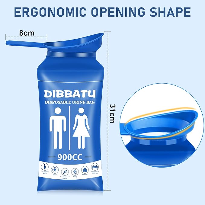 Disposable Urine Bag with Handle for Women/Men, 6/12PCS for Camping, Hiking | Female-friendly Curved Opening, Easier to Position,900ML Larger Capacity,Portable for Travel, Leak-proof Seal for Urine/Vomit