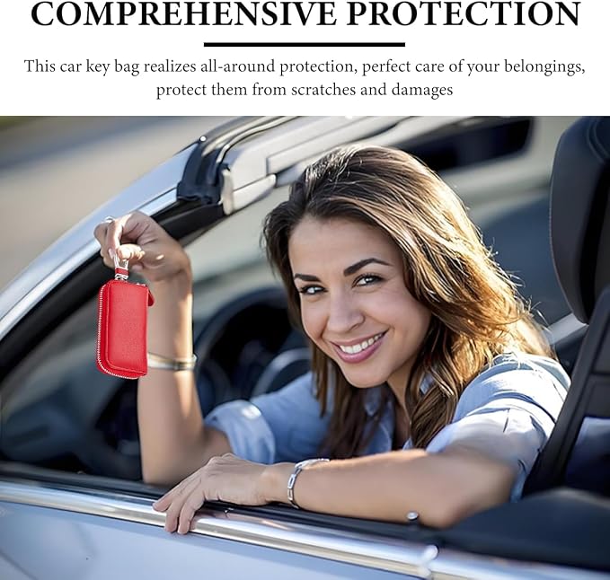 Leather Car Key Holder Bag, Unisex Key Fob Case with 6 Hooks, Zipper Closure Keychian Case Wallet for Smart Keys (Red)