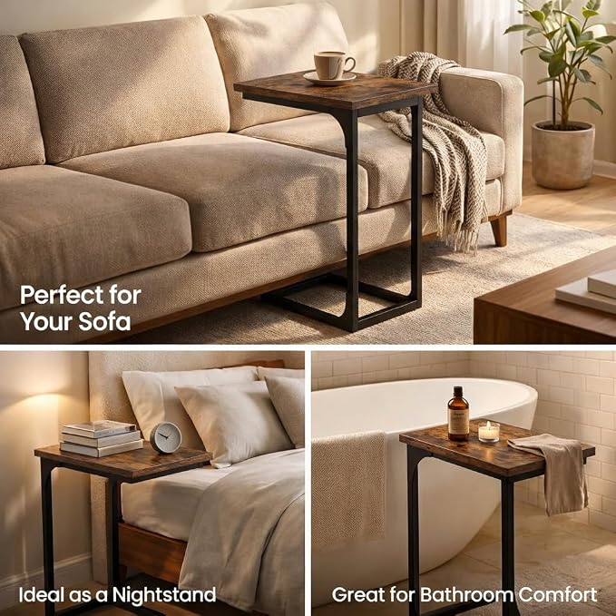 TEMI C Shaped End Table for Couch - Small Side Table and TV Tray for Eating or Laptop, Accent Desk for Chair or Sofa, Easy Assembly, Space-Saving Design for Living Room or Bedroom,Rustic Brown