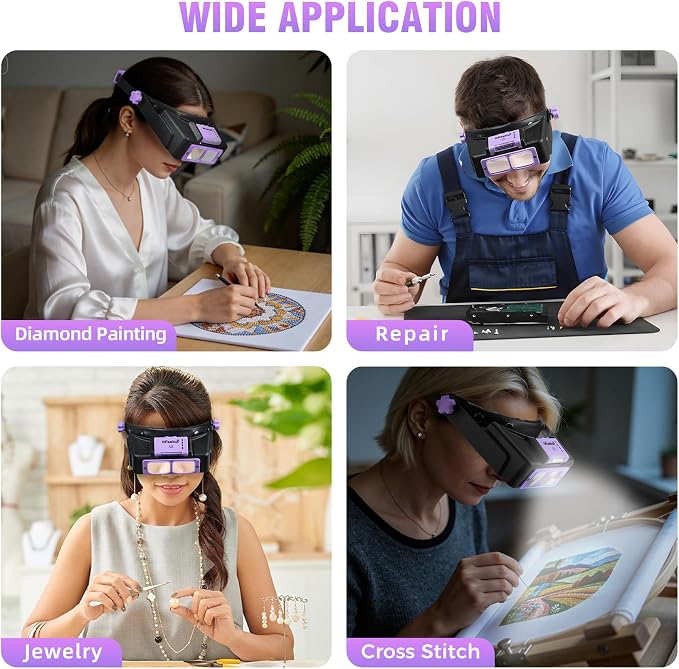 Dilzekui Rechargeable Magnifying Glasses for Close Work 1.5X to 3.5X Lenses | with Adjustable Light,Opitcal Acrylic Lens, Lightweight Magnify Headset, Handsfree Head Magnifier for Jewelers Hobbies Crafts