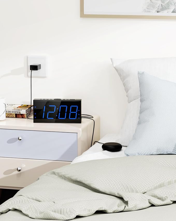 Roxicosly Alarm Clock with Bed Shaker, Vibrating Alarm Clock for Heavy Sleepers/Hard of Hearing/Deaf,Dual Alarms, 7.5โโ Large LED Display, Dimmer, USB Charging Port, Plug-in with Memory Function