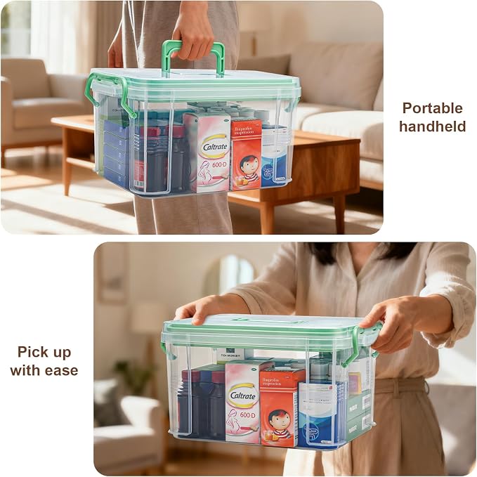 2 Pack Clear Medicine Organizer Storage Box with Handle & Tray - Thickened Plastic Empty First Aid Box, Multipurpose Medical Container with Lids/Labels, Medication Caddy for Home, Baby, Elderly, Dorm