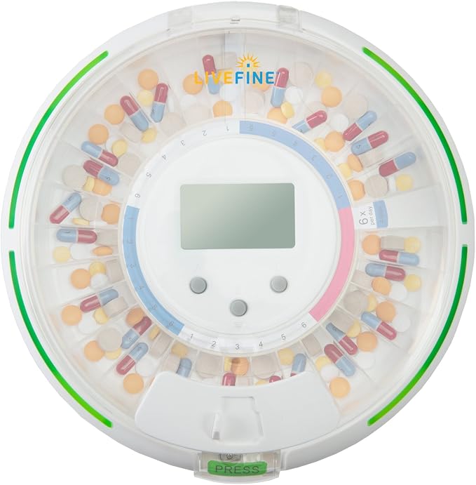 Live Fine Automatic Pill Dispenser, 28 Day Medication Organizer, Clear Lid | Lockable Medicine Box, Pill Box with Alarm, Audible & Visual Alerts, Easy-Fill Carousel, For Vitamins & Prescriptions