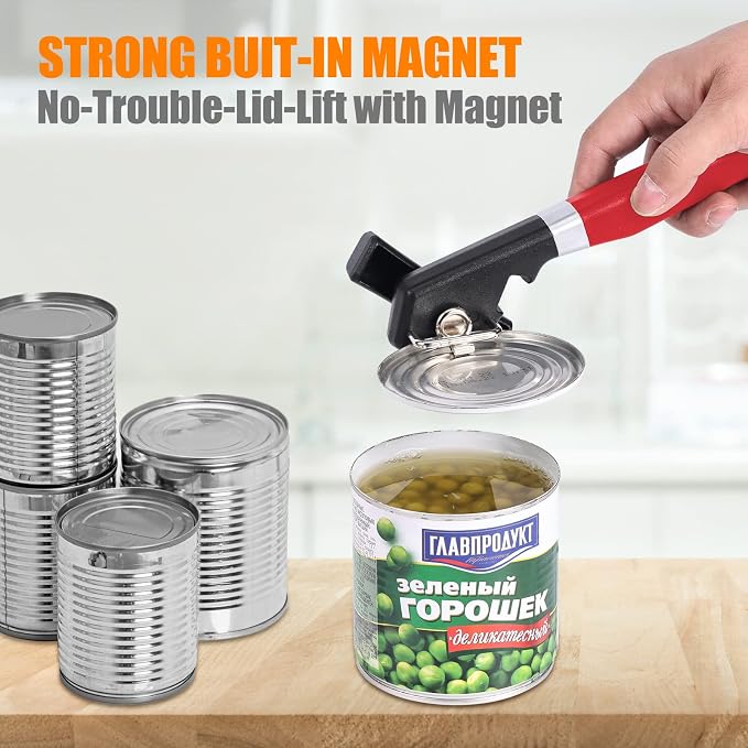 2 in 1 Safety Can Opener Manual Smooth Edge & Bottle Opener, No-Trouble-Lid-Lift Manual Can Opener with Magnet, Large Rubber Handle & Stainless Steel Blade, Side Cut Hand Can Opener for Kitchen (Red)