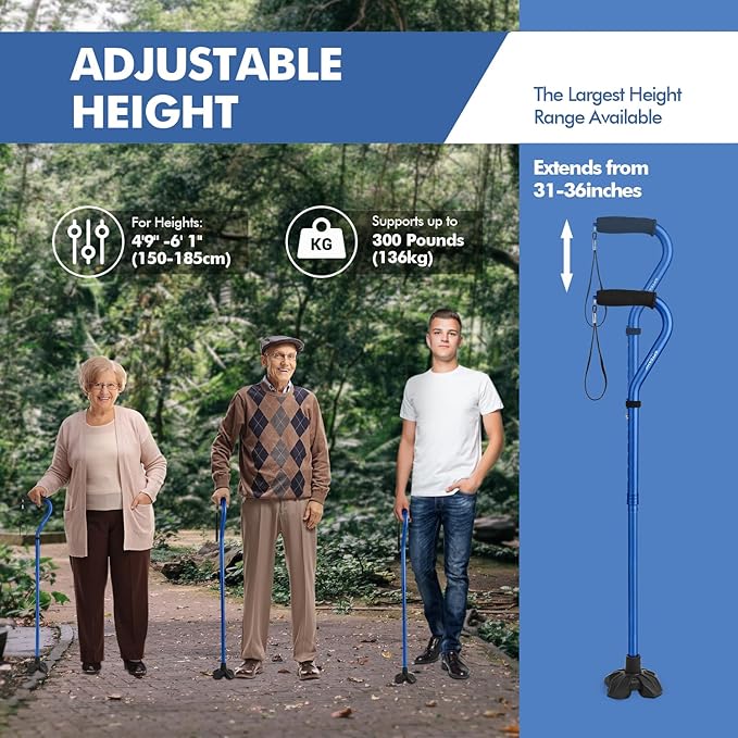 GPTCAMP G1 Walking Stick, Walking Cane for Women & Men with Wrist Strap, Lightweight & Sturdy Offset EVA Handle, Large Quad Base, Self Standing for Seniors and People with Injuries & Recovery