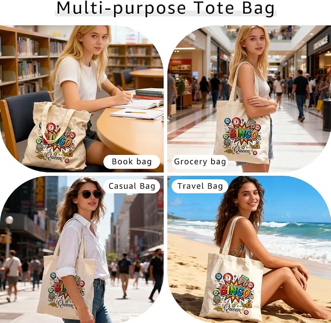 Bingo Queen Women Canvas Tote Bag, Funny Bingo Lover Reusable Shopping Bag for Women Senior Grandma Mom Friend, Colorful Bingo Game Shoulder Tote, Cute Casino Party Gifts for Bingo Player